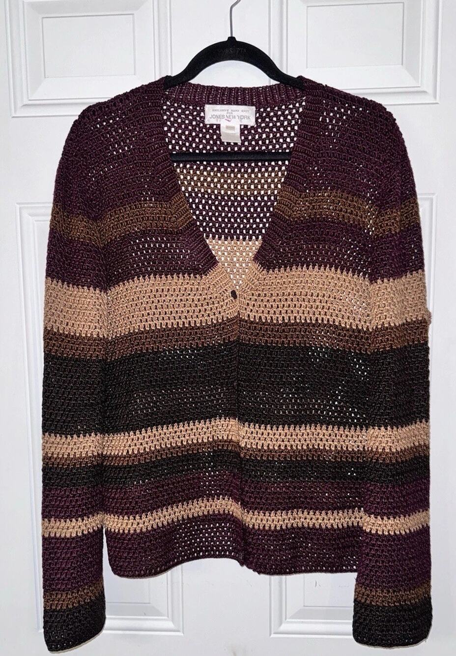Jones New York XL Hand Knit 100% Linen Yarn V Neck Button Cardigan Spectacular